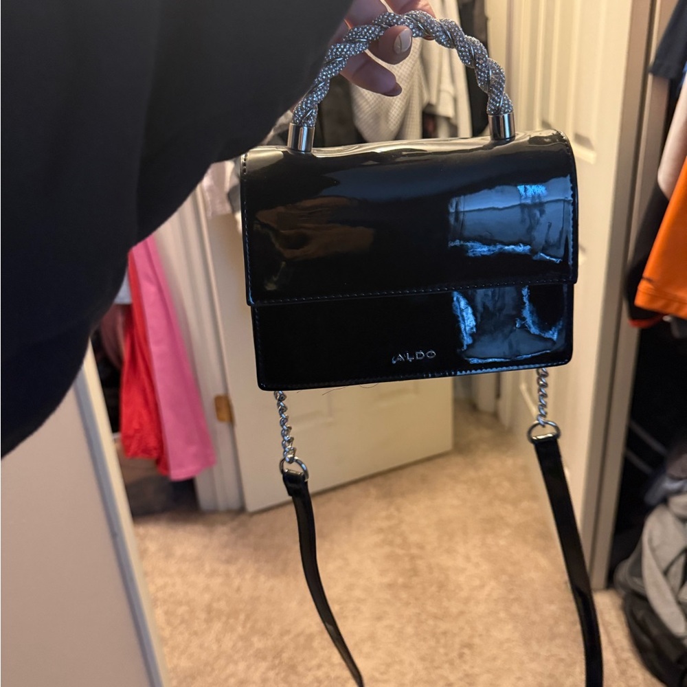 ALDO Shiny Black Crossbody Bag with Chain Strap